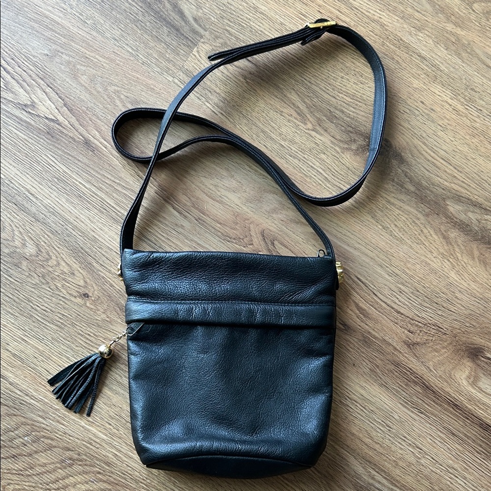 Vintage Black Leather Crossbody Bag with Tassel